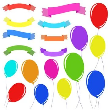 A set of 8 flat colored insulated banner ribbons and 11 balloons on ropes. Su Stock Illustration