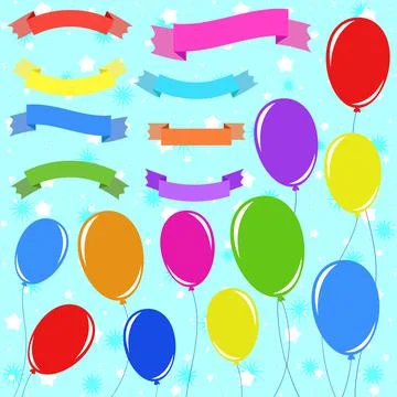 A set of 8 flat colored insulated banner ribbons and 11 balloons on ropes. On Stock Illustration