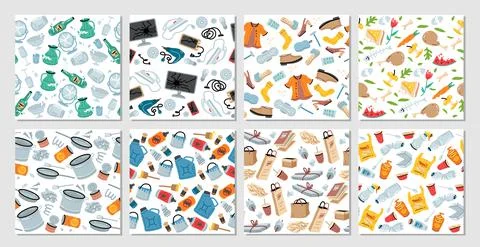 Set of 8 garbage seamless patterns with trash items Stock Illustration