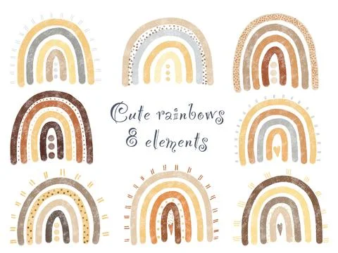 Set of 8 hand painted cute rainbows. Isolated elements on white background. A Stock Illustration