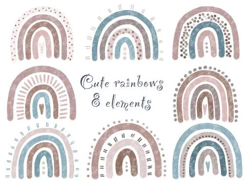 Set of 8 hand painted cute rainbows. Isolated elements on white background. R Stock Illustration