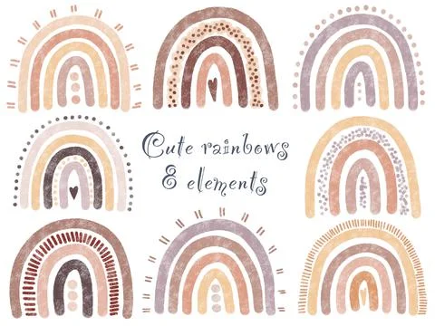 Set of 8 hand painted cute rainbows. Isolated elements on white background. W Stockillustratie