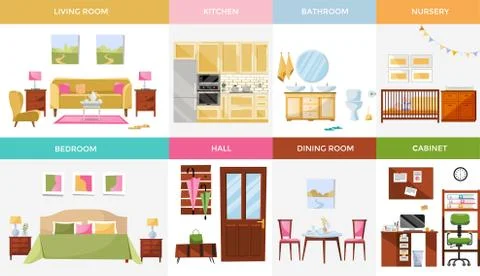 Set of 8 interior design house rooms with furniture living room, bedroom, kit Stock Illustration
