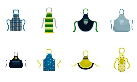 Set of 8 kitchen aprons. Isolated flat vector illustration. Illustrazione stock