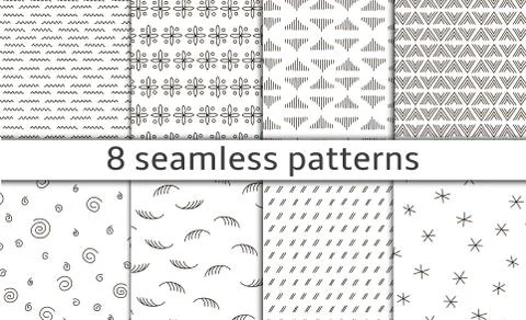 Set of 8 Modern abstract simple vector seamless patterns with monochrome trel Stock Illustration