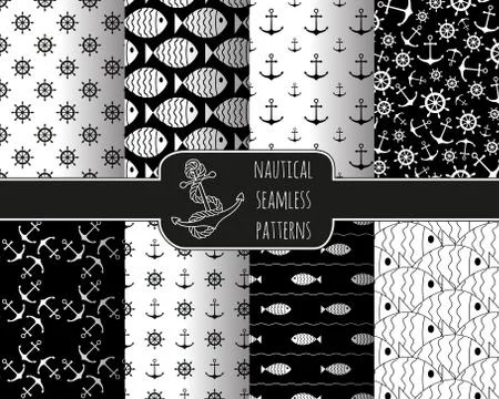 Set of 8 seamless nautical patterns Stock Illustration