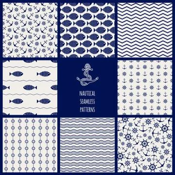 Set of 8 seamless nautical patterns Illustrazione stock