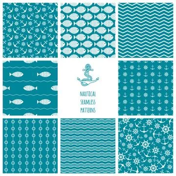 Set of 8 seamless nautical patterns Stock Illustration