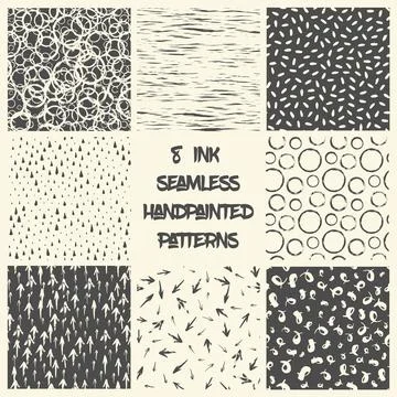 Set of 8 seamless patterns hand painted with ink Illustrazione stock