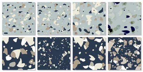Set of 8 Terrazzo seamless pattern. Repeating floor texture. Pastel mosaic .. Иллюстрация