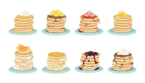 Set of 8 types of pancakes. A stack of fried pancakes on the plate. Stock Illustration