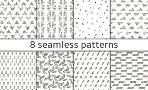 Set of 8 Vintage abstract simple vector seamless patterns with monochrome tre 스톡 일러스트