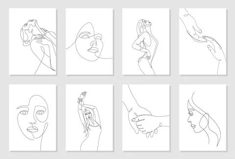 Set of 8 wall art posters. Single line drawn young woman figure, body, beauty Illustration
