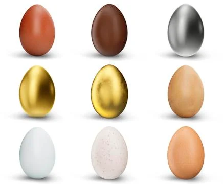 Set of 9 beautiful eggs isolated on white background. Golden, silver, chocolate Stock-Illustration
