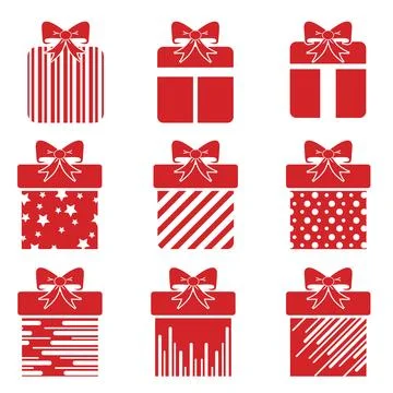 Set Of 9 Christmas gift boxes vector icons set Design For Christmas and Gif.. Stock Illustration