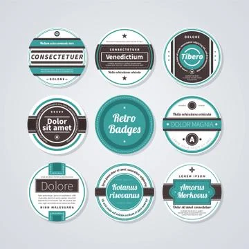 Set of 9 circle labels in retro style on white background. Stock Illustration