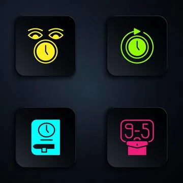 Set From 9, Clock, Time for book and with arrow. Black square button. Vector Stock Illustration