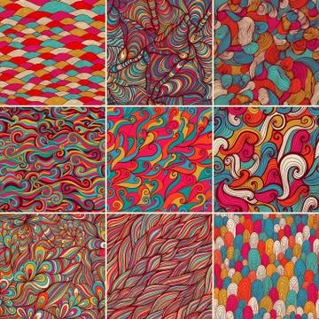 Set of 9 colorful wave patterns (seamlessly tiling).seamless pattern can be u Ilustración de archivo