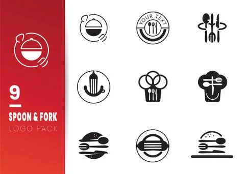 Set of 9 Creative Restaurant Icon Logo Design Element. Black SPOON, FORK, Dom Stock Illustration