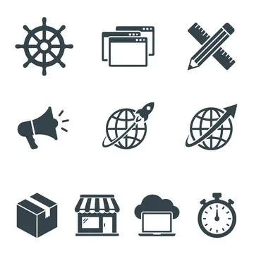 Set of 9 dark blue flat icons representing business concepts: ship wheel, b.. イラスト素材