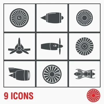 Set of 9 dark gray aviation engine and aircraft propeller icons on white ba.. Stock Illustration