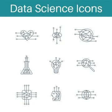 Set of 9 data science outline icons Stock Illustration