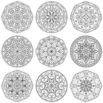 Set of 9 decorative elements mandala in black and white. Stock Illustration