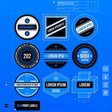 Set of 9 different badges/labels in blueprint style. EPS10 Stock Illustration