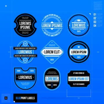 Set of 9 different badges/labels in blueprint style. EPS10 Stock Illustration