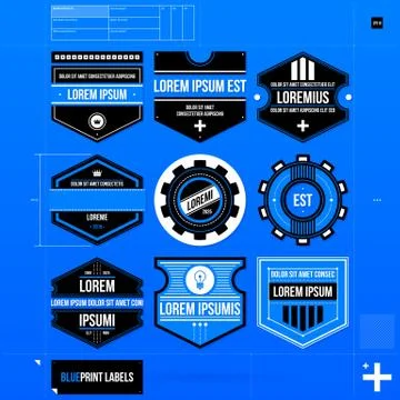 Set of 9 different badges/labels in blueprint style. EPS10 Stock Illustration