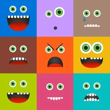 Set of 9 different emoticons in square shape Stock Illustration