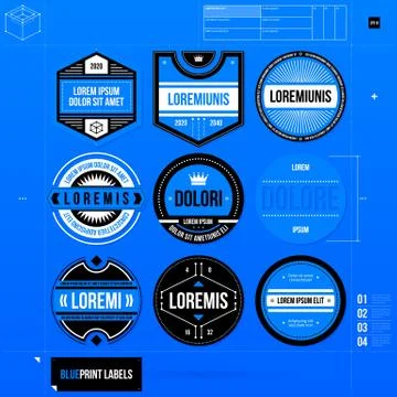 Set of 9 different labels/badges in blueprint style. EPS10 Stock Illustration
