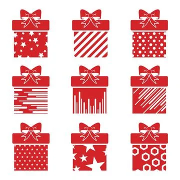 Set Of 9 Different Style of Christmas gift boxes Concepts in vector icons s.. Stock Illustration