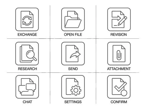Set of 9 document icons representing business processes like exchange, open.. Stock Illustration