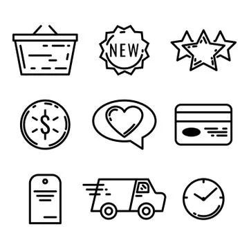 Set of 9 E-commerce and shopping web icons in line style. Vector illustration Stock Illustration
