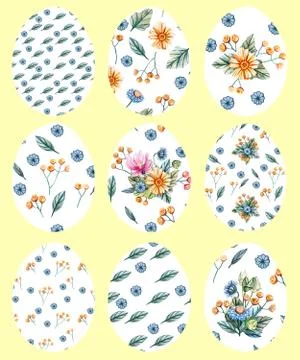 Set of 9 Easter eggs on a yellow background with a pattern of wild flowers. イラスト素材
