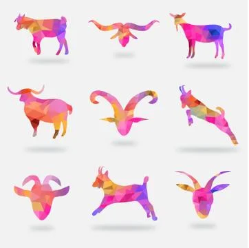 Set of 9 goats made by geometric triangles Stock Illustration
