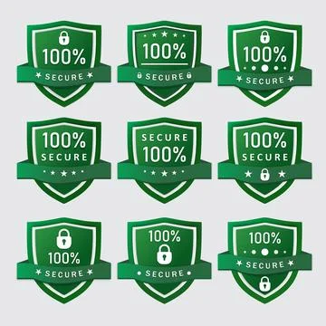 Set of 9 Green Shield Badges: 100% Secure, Lock Icon, Stars, Dots Stock Illustration