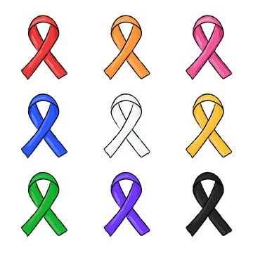 Set of 9 hand-drawn awareness ribbons in doodle vector style. Includes HIV,.. Stock Illustration
