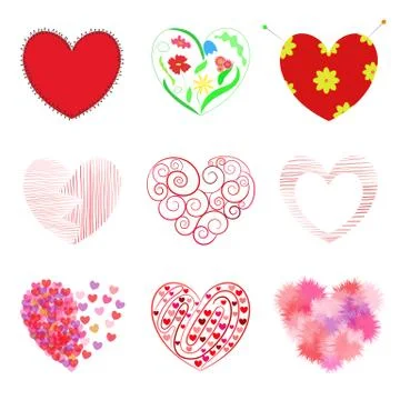 Set of 9 hearts: includes stitched heart, ornament in the shape of a heart Stock Illustration
