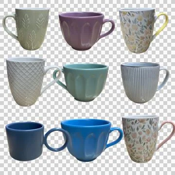 Set of 9 high-resolution ceramic mugs and cups isolated on transparent backgroun Stock Photos
