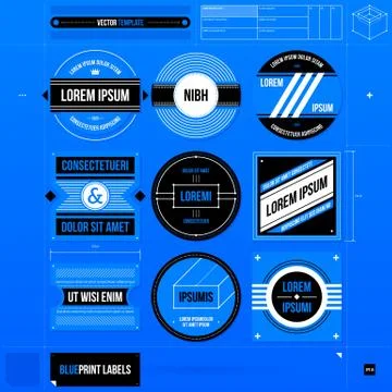 Set of 9 labels in blueprint style. EPS10 Stock Illustration