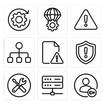Set of 9 line art icons representing IT concepts like workflow, risk, secur.. Stock Illustration