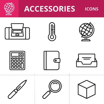 Set of 9 Line Icons Representing Office and School Accessories. Stock Illustration