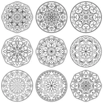 Set of 9 mandala in black and white. Stock Illustration