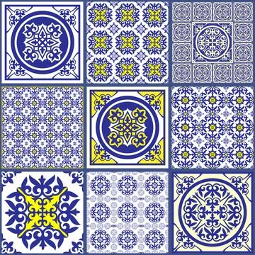 Set of 9 mediterranean ceramic tile patterns in blue and yellow colors. Illustrazione stock