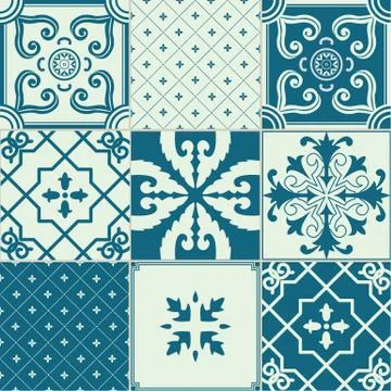 Set of 9 ornamented tiles. Stock Illustration