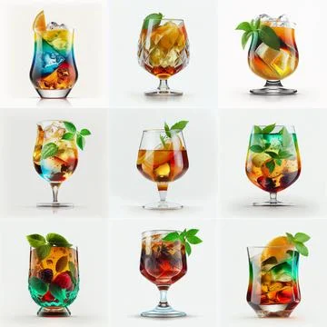 Set of 9 pcs alcoholic cocktails on white background Stock Photos
