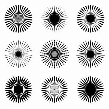 Set of 9 radial, radiating lines elements. Circular lines patterns. Illustrazione stock