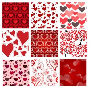 Set of 9 romantic seamless patterns with hearts for valentines Illustrazione stock